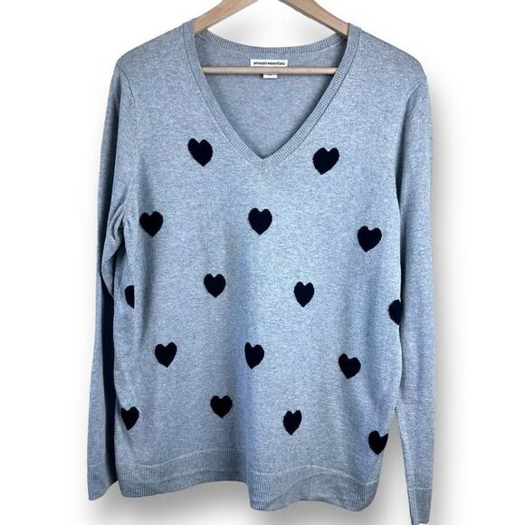 Amazon Women's XL Heart Print V-Neck Pullover Sweater Gray Black Casual Pullover - Picture 1 of 9